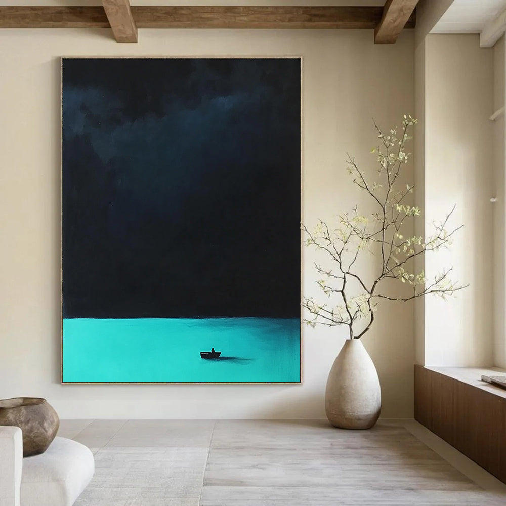 Abstract painting featuring a tranquil turquoise sea and a mysterious dark sky with blurred figures and underwater creatures creating an enchanting atmosphere.STSC1303