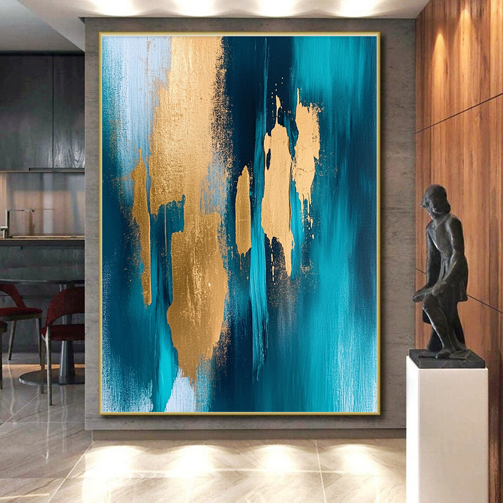 Teal and Gold Abstract Painting with Dynamic Forms GER381