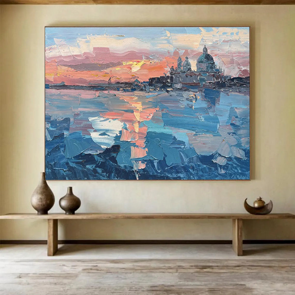 Pink Orange Blue Venice Sunset Abstract Painting THY460