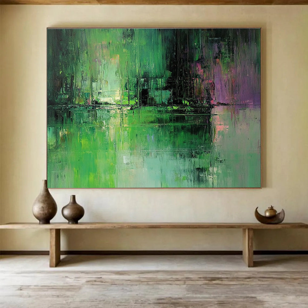 Large abstract oil painting of a green and grey lake with subtle reflections inspired by Jeremy Mann's muted color palette.SC114