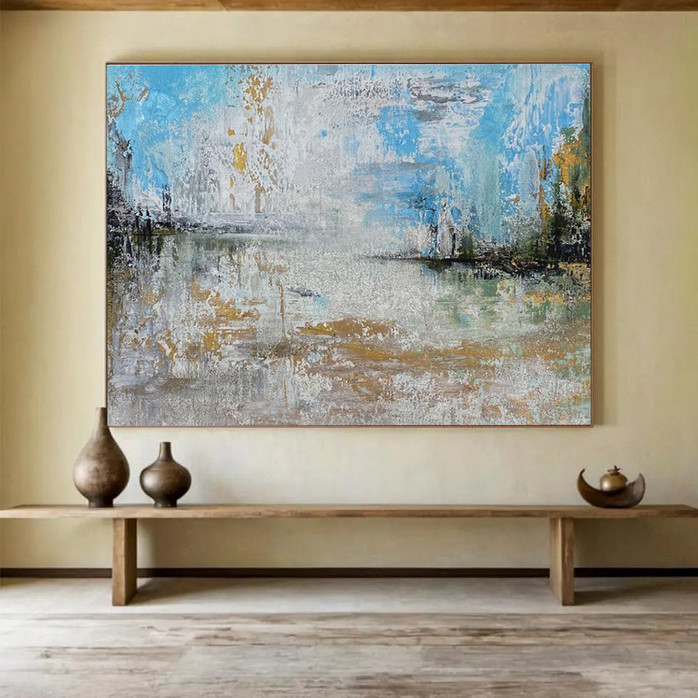 Lake View Abstract Painting with Blue Gray and Gold Reflections THY348