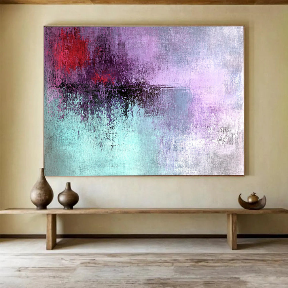 Large abstract painting with grunge texture in light purple and teal featuring dark red details for an emotional expression.SC221