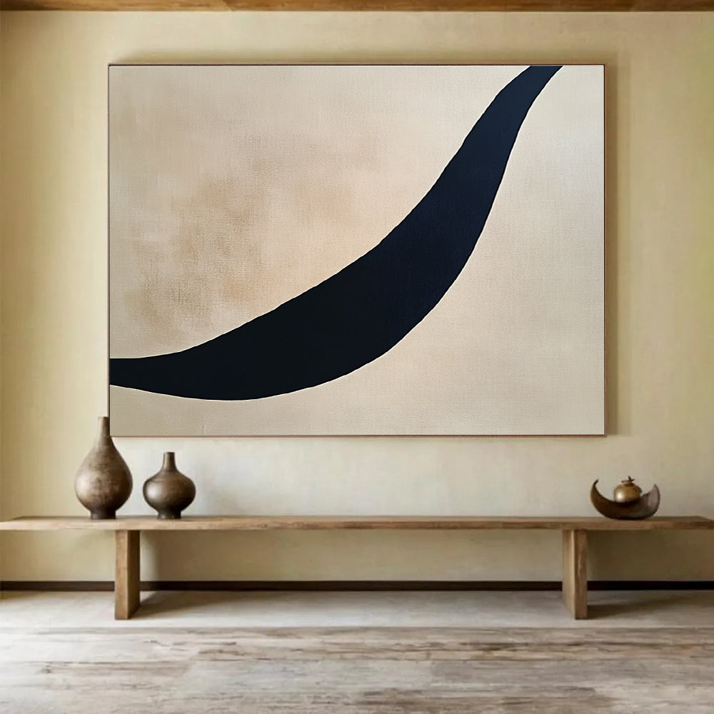 Curved Black Line on Beige Abstract Painting with Minimalist Design DYP584