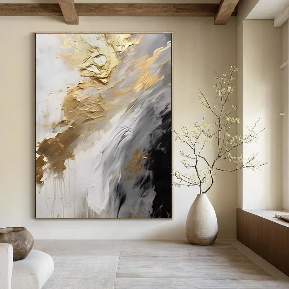 Gold Gray and White Abstract Painting with Flowing Textures ADGE302