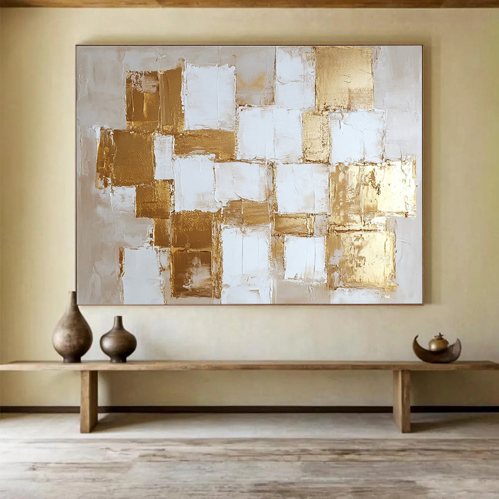 Gold and White Geometric Abstract Painting with Textured Squares DYP451
