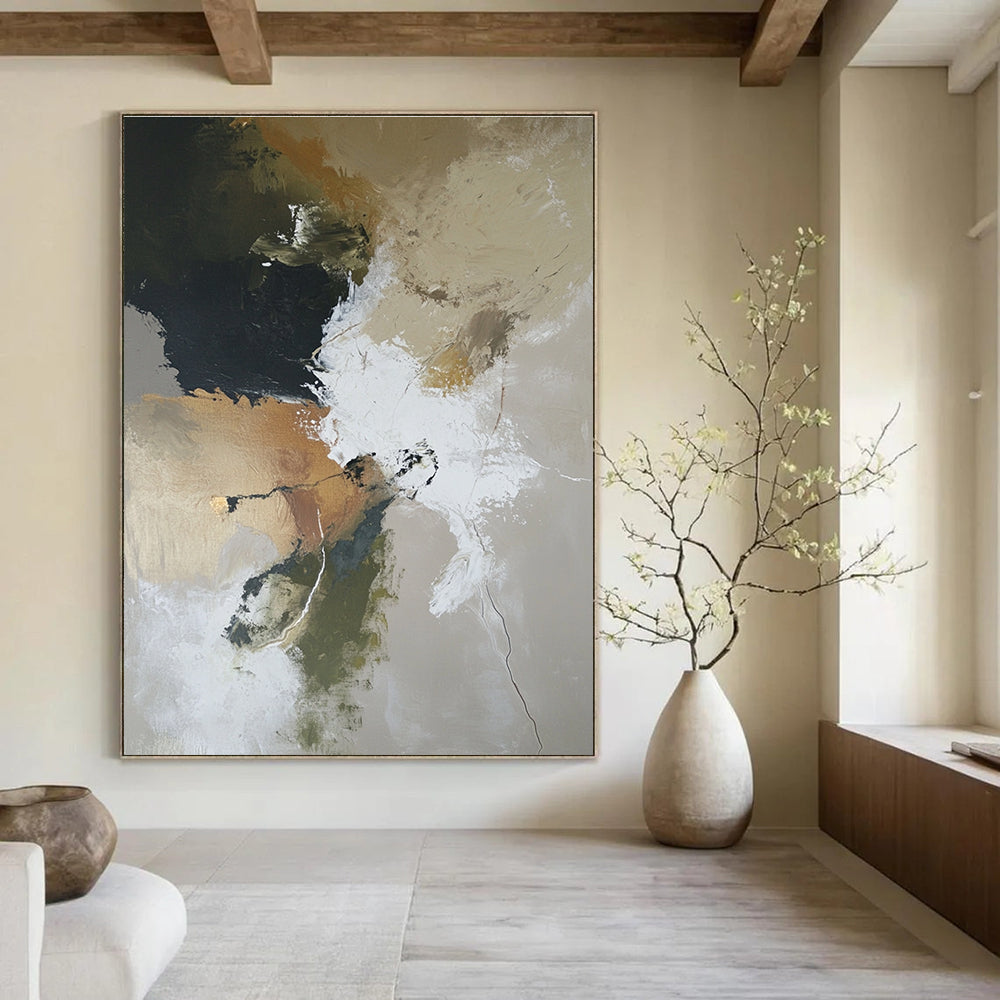 Large abstract painting depicting a desolate landscape with earthy tones and soft lighting in oil on canvas.STSC254