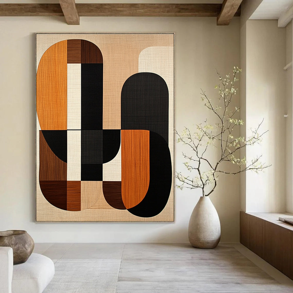 Large abstract artwork featuring mid-century modern shapes in earth tones with wood grain and black lines on a beige background.STSC1319