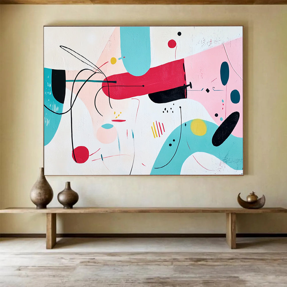 Large abstract painting featuring whimsical pink shapes with black outlines and colorful accents on a white background.SC187