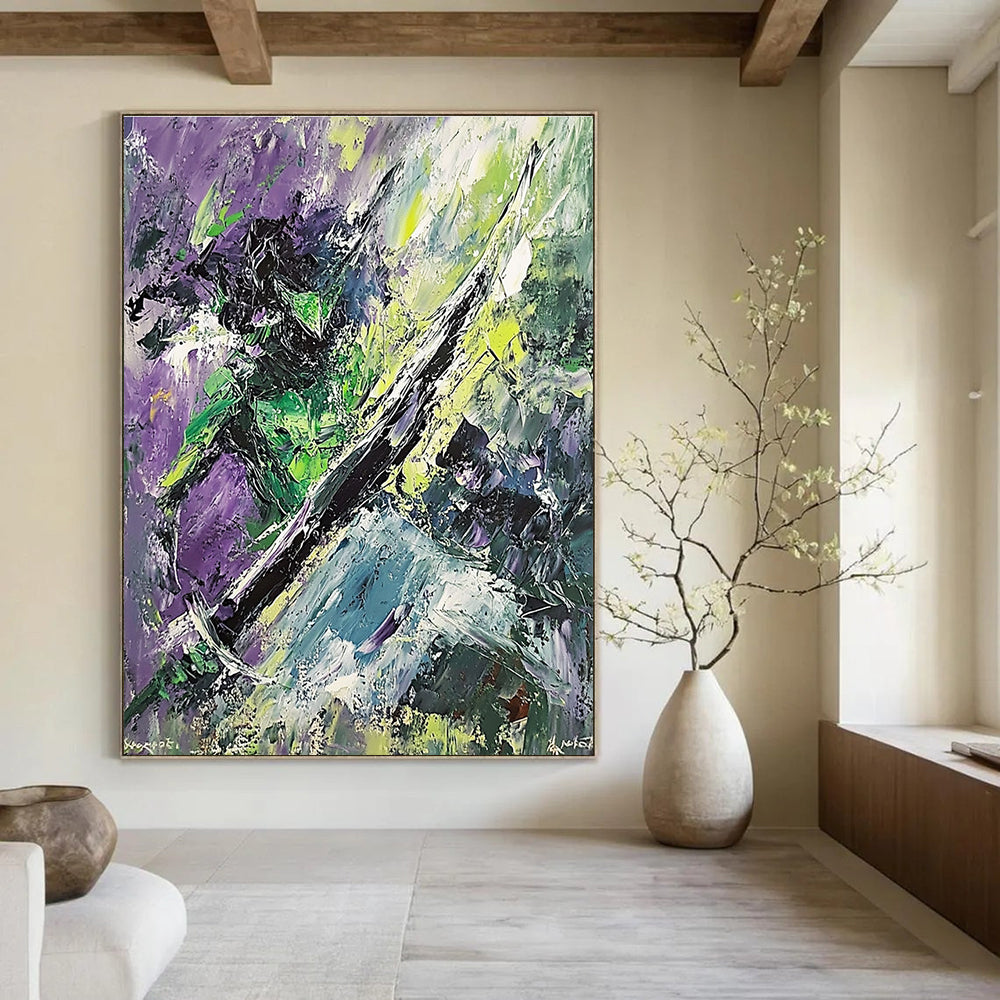 Large abstract painting of the Green Knight dynamic brushstrokes chaotic forms sword in hand surrounded by dark trees and rocks inspired by Expressionism.STSC881