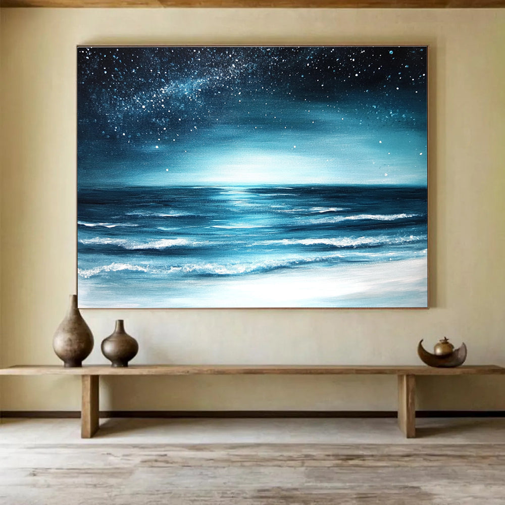 Starry Sea Abstract Painting with Deep Blue and Silver Tones DYP554