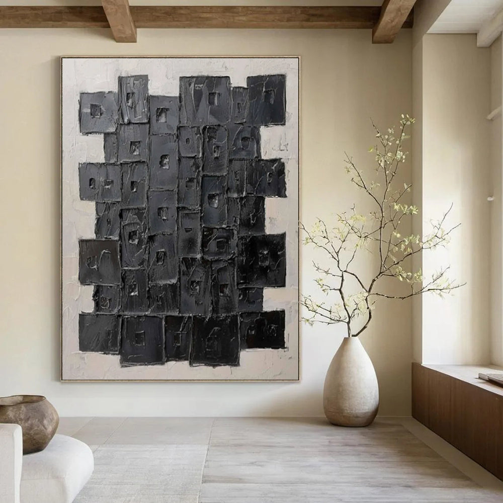 Black Squares Abstract Painting with 3D Textures ADGE488