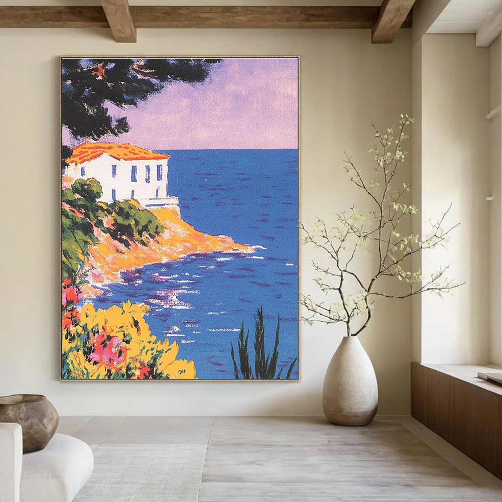 A large abstract painting featuring a vintage postcard of the Mediterranean coast with pastel colors and a stunning purple-blue sky.STSC1228