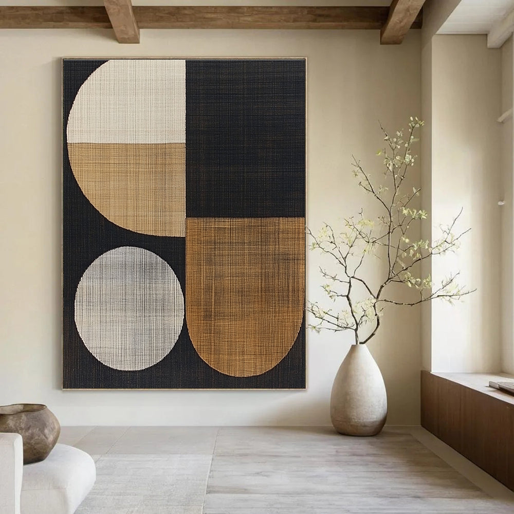 Large abstract artwork featuring abstract shapes, wood grain texture, and a sophisticated black color scheme for a modern aesthetic.STSC933