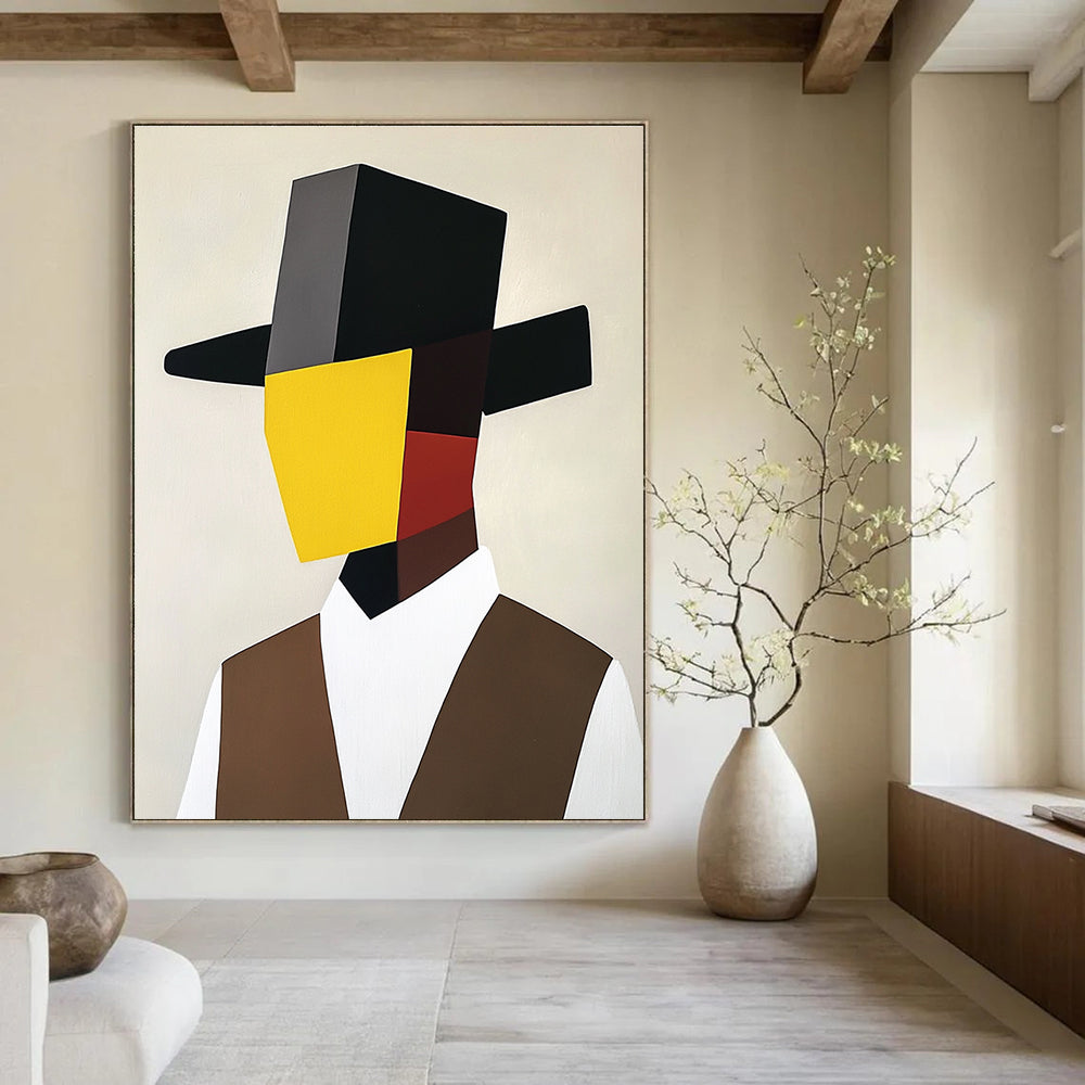A large abstract painting featuring a minimalist cubist portrait of an Italian man in a black hat and brown vest with a yellow mask.STSC1082