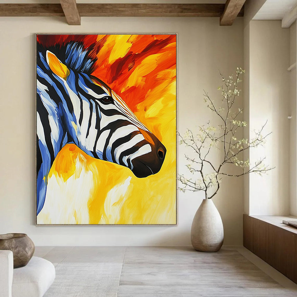 Abstract painting featuring a zebra's face and neck with vibrant stripes in yellow orange red blue white and black capturing movement and texture.STSC961