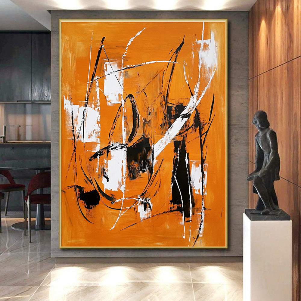 Orange and Black Abstract Painting with Energetic Line Work GER659