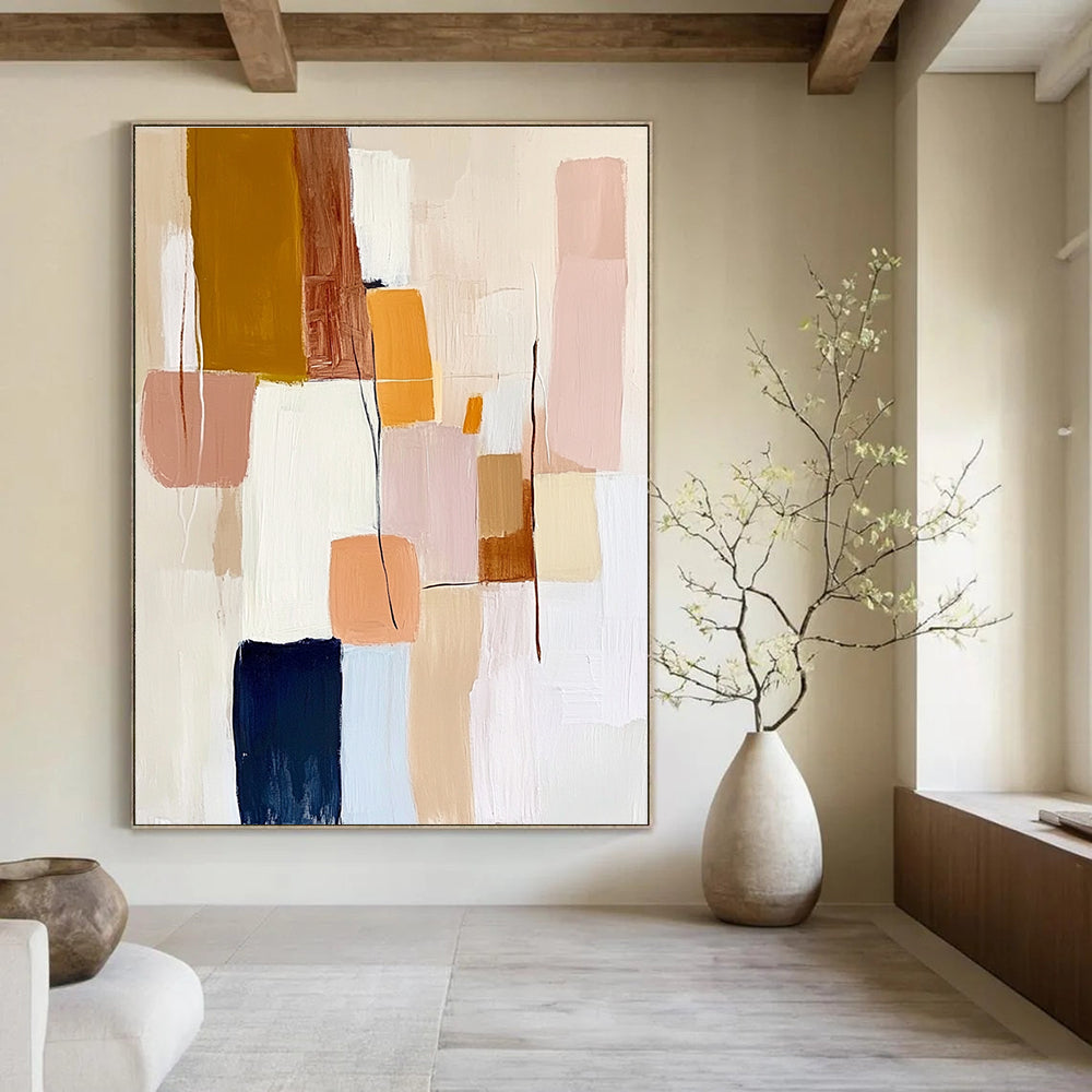 Large abstract painting featuring geometric shapes in pastel colors with textured brush strokes on a white background creating a harmonious composition.STSC755