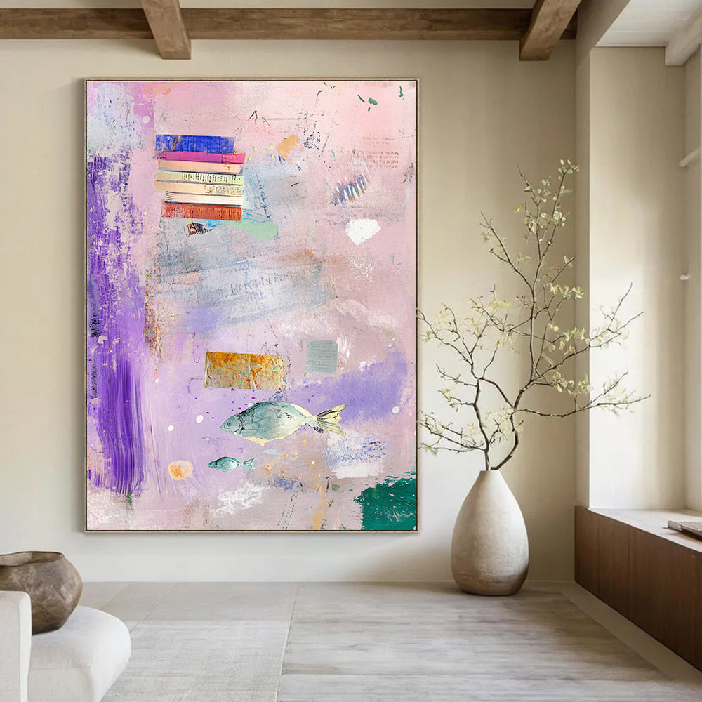 Abstract painting featuring a light pink background with pastel colors, books, feathers, and flying fish in hues of purple, blue, green, and yellow.STSC1041
