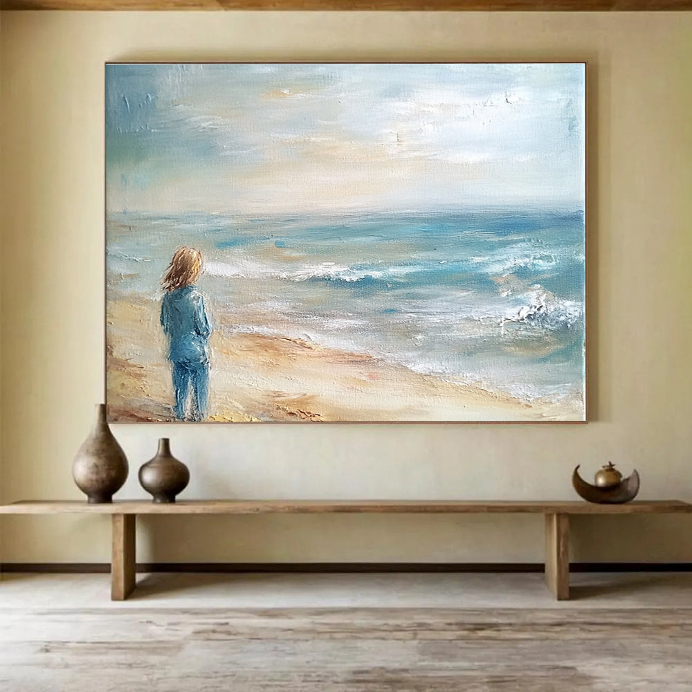 An abstract painting of the ocean and beach in light blue tones and muted colors creates a serene and beautiful atmosphere.SC411