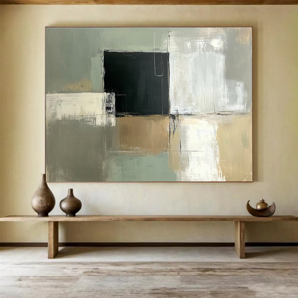 Large abstract painting featuring a pale green and white color scheme with a central black square and simple lines on a grey background.SC210