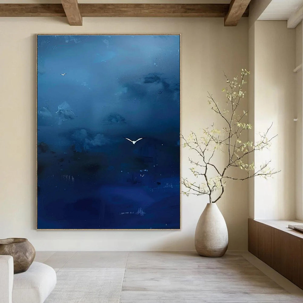 Blue Sky with White Birds Abstract Painting with Subtle Details ADGE507