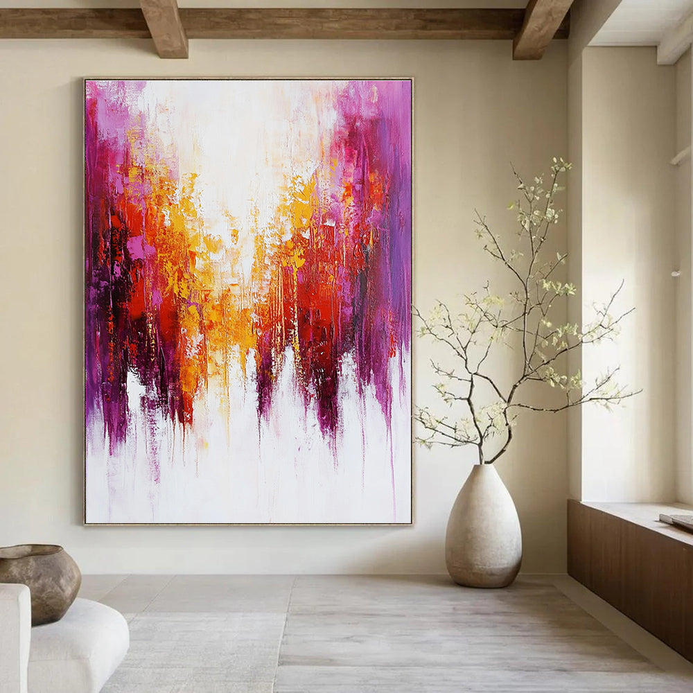 Large abstract painting featuring soft red and purple brushstrokes with hints of yellow and dripping paint on a white background.STSC416