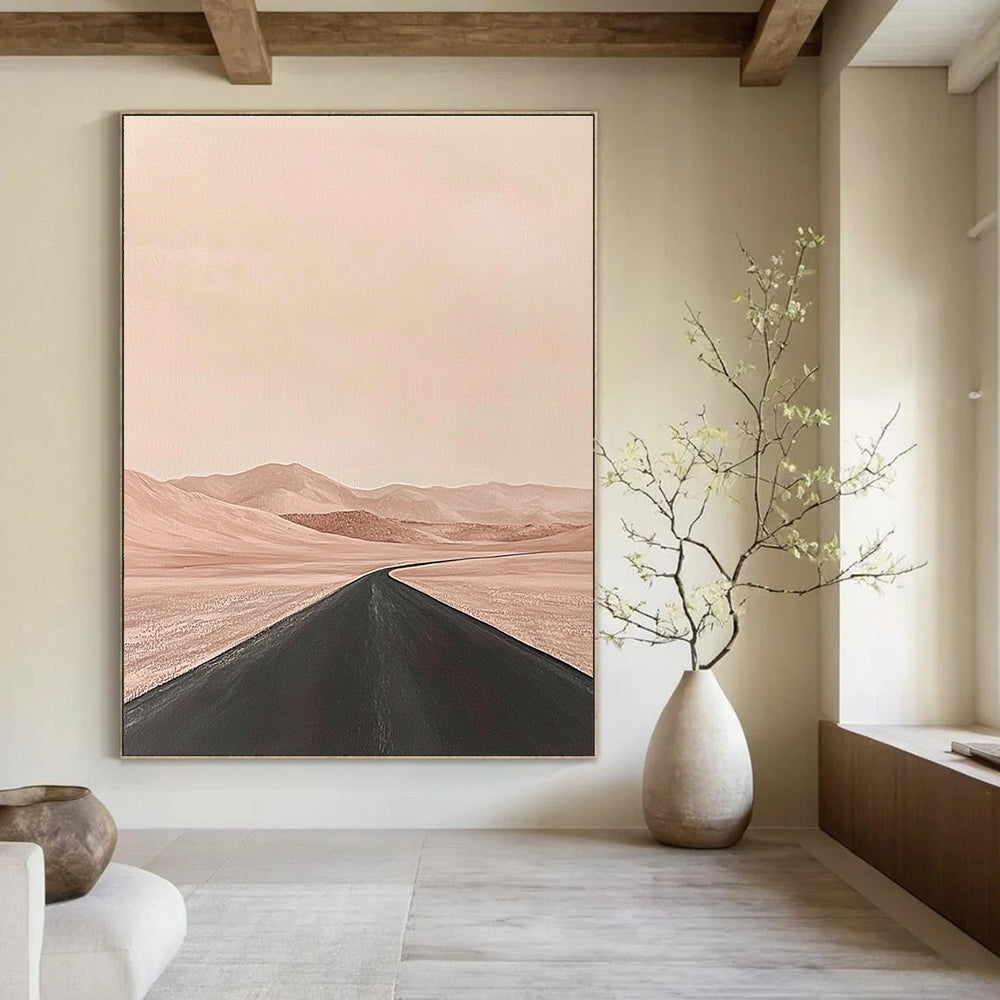 Large abstract painting of a desert scene featuring an empty road in the foreground with muted tones in a minimalist style.STSC1093