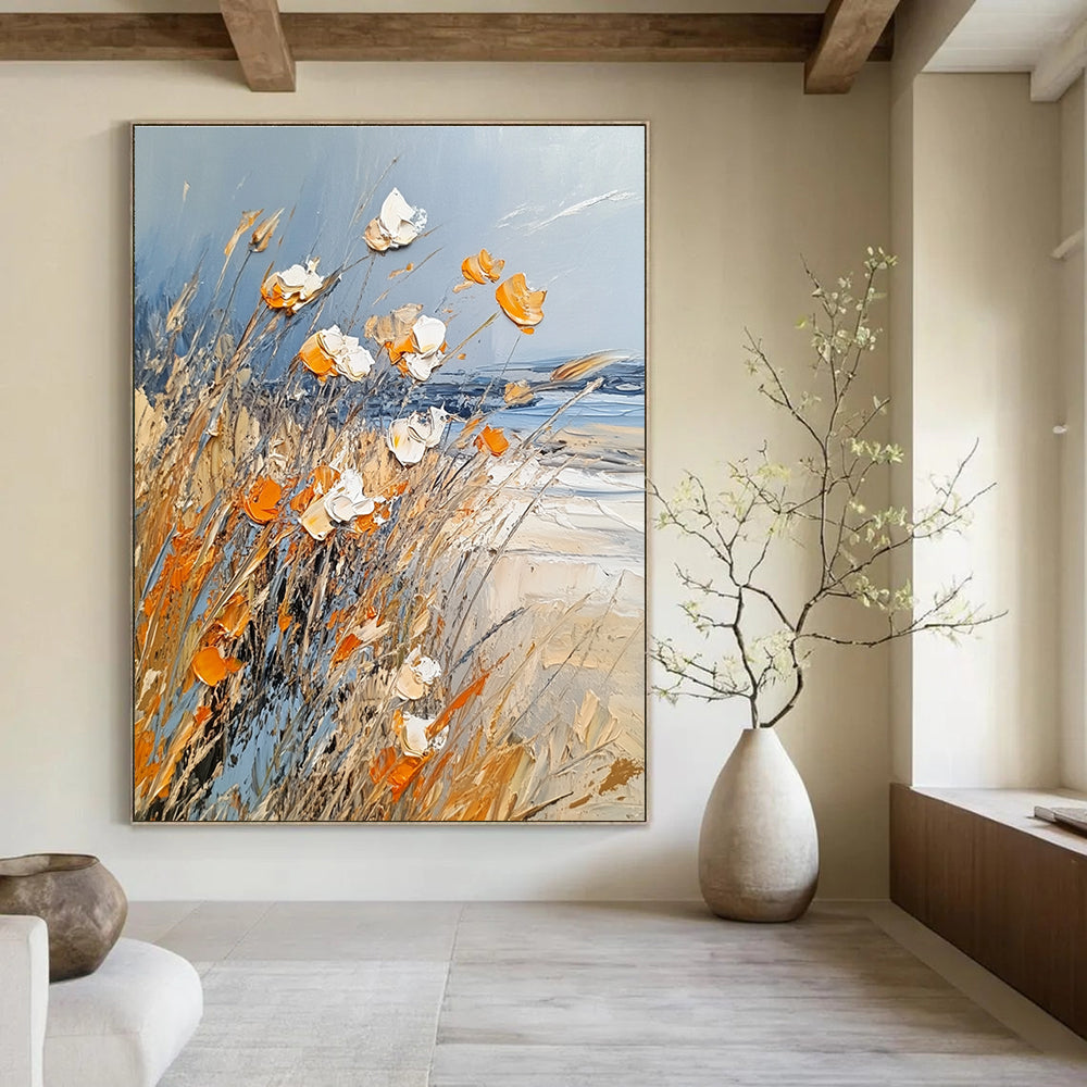 Large abstract painting of beach grass in light blue white and orange featuring thick brush strokes and textured palette knife techniques.STSC880