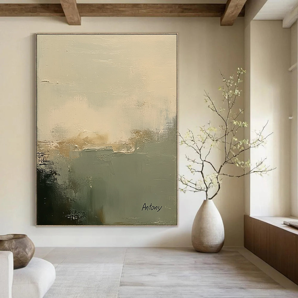 Large abstract painting featuring soft muted white and sage green tones with a textured background and calming minimalistic brush strokes signed by Antony.STSC799