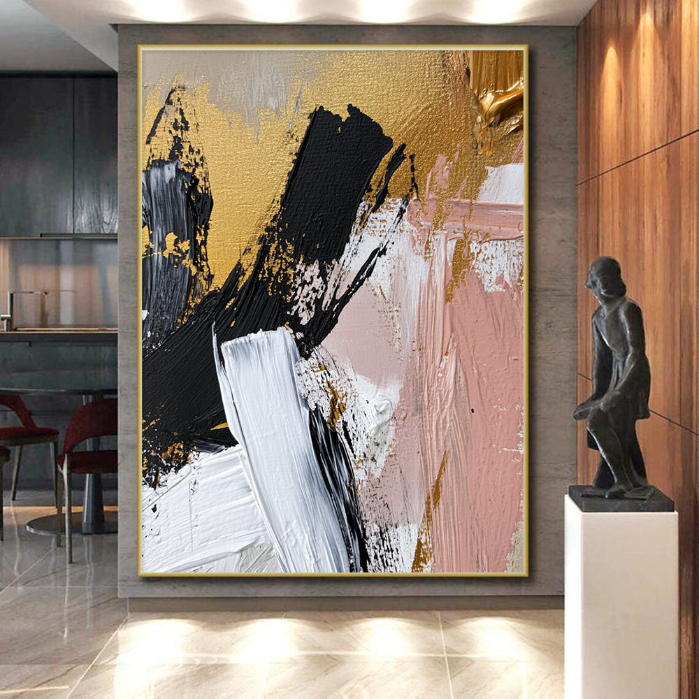 Gold Black Pink and White Abstract Painting with Bold Strokes GER056