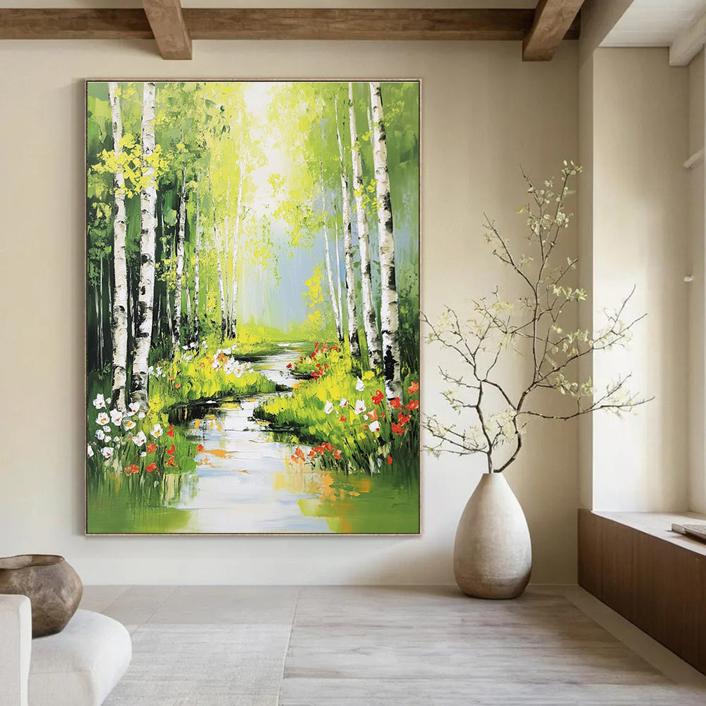 Large abstract painting of serene birch trees flowers and sunlight streaming through leaves in vibrant colors and bold brushstrokes.STSC897