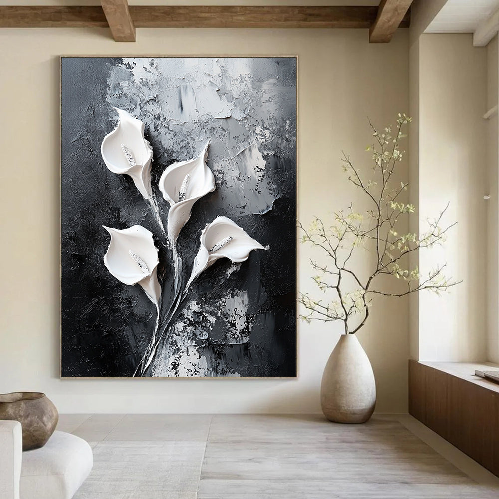 Abstract painting featuring white calla lilies on a black textured canvas with oil paint strokes in a modern minimalistic style.STSC509