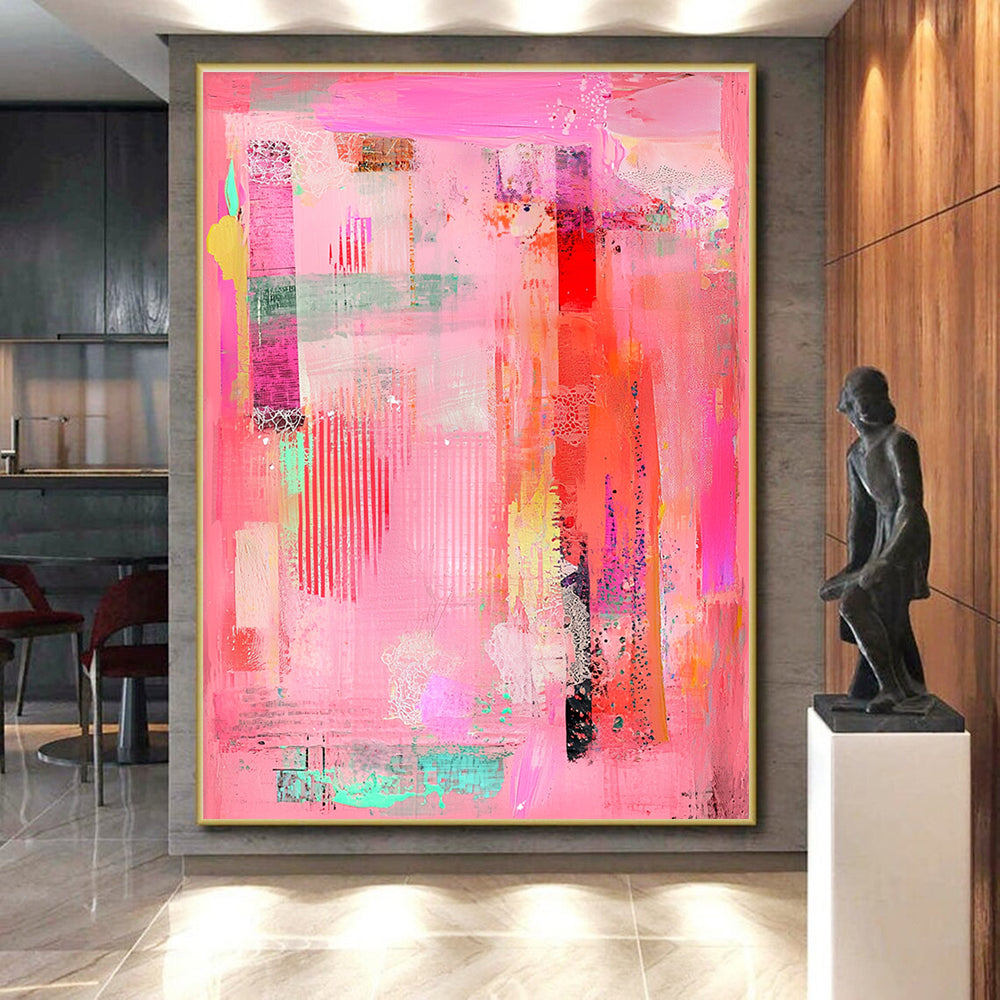 Colorful Mixed - Media Pink Abstract Art with Diverse Textures GER255