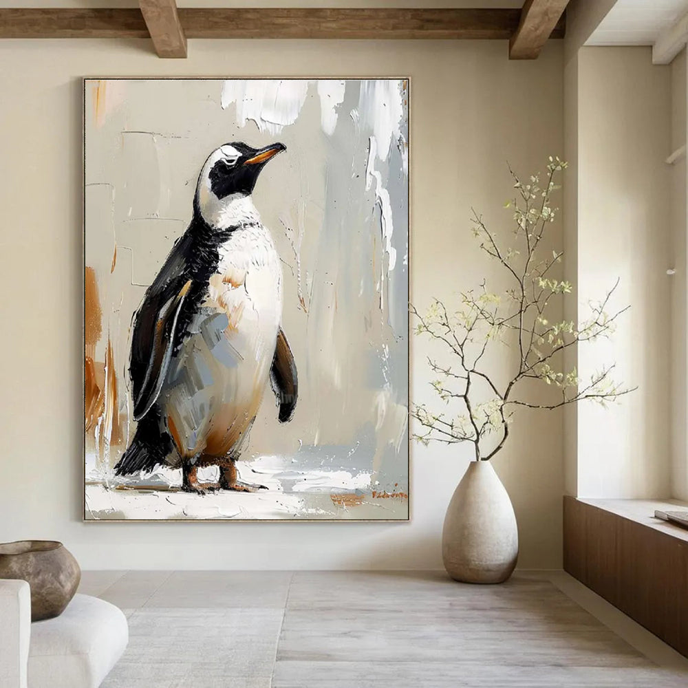 Textured Penguin Portrait Abstract Painting with Neutral Background ADGE496