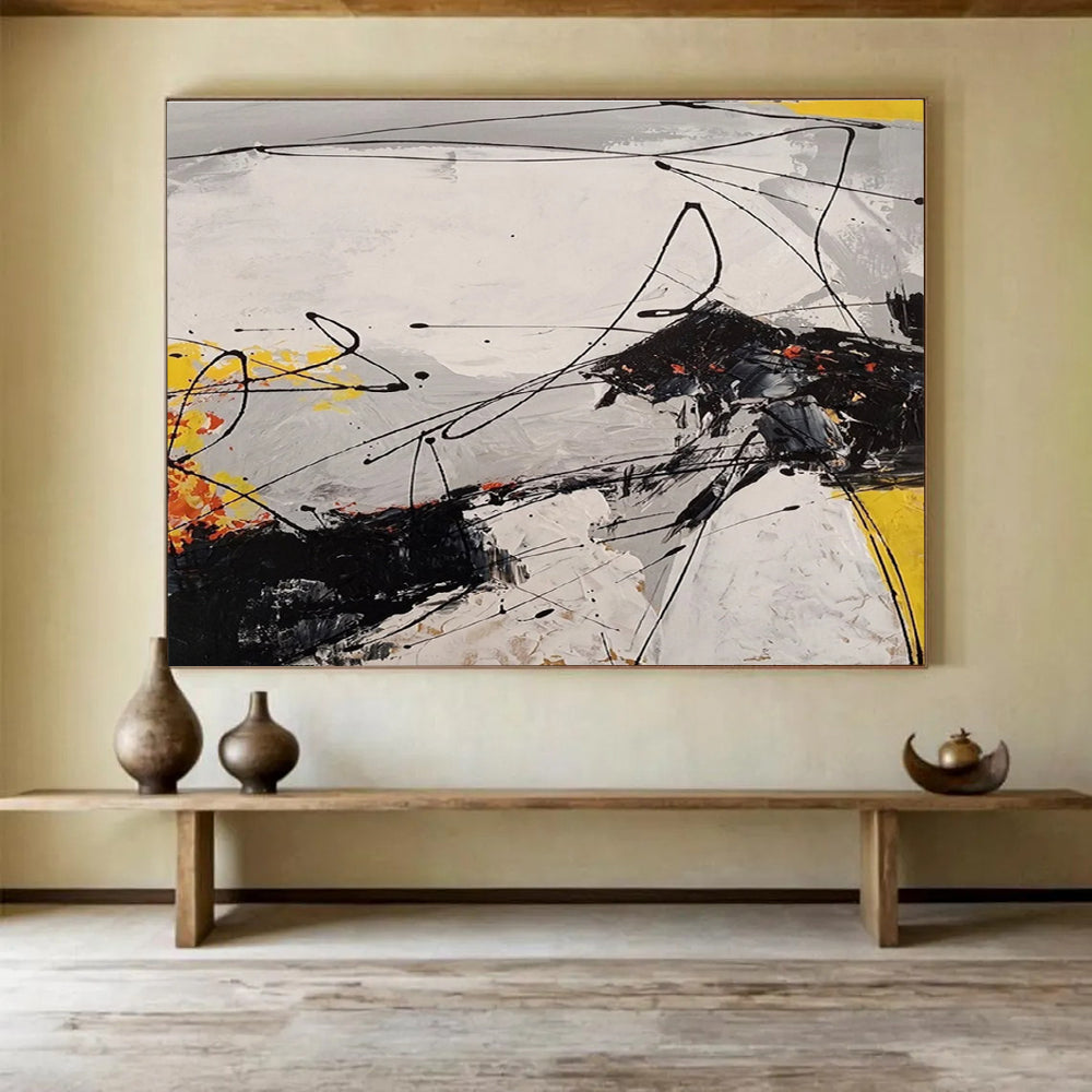 Black Yellow Grey Dynamic Lines Abstract Painting THY029