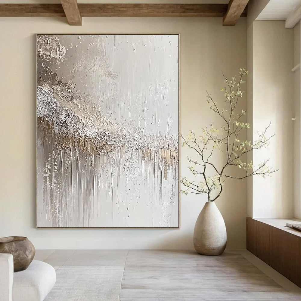 Large abstract painting featuring an apocalyptic landscape with intricate grey and silver splashes inspired by Zdzisław Beksiński.STSC843