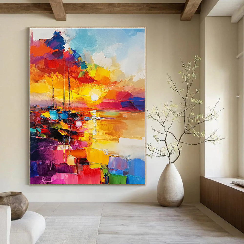 Large abstract painting featuring a vibrant sunset over the sea with rich colors and fluid brush strokes.STSC1422