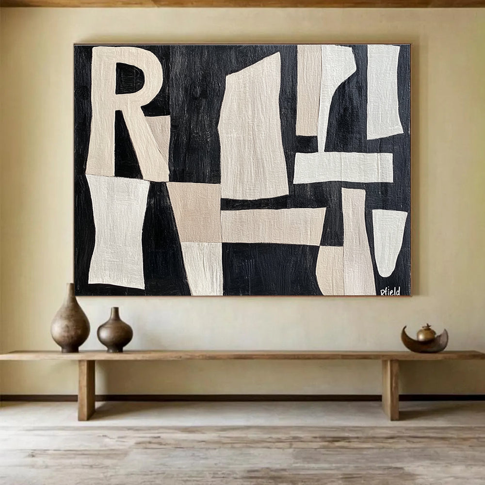 Large abstract painting featuring cut-paper style shapes with the word Rfield in a textured beige and white design on a dark grey background.SC427