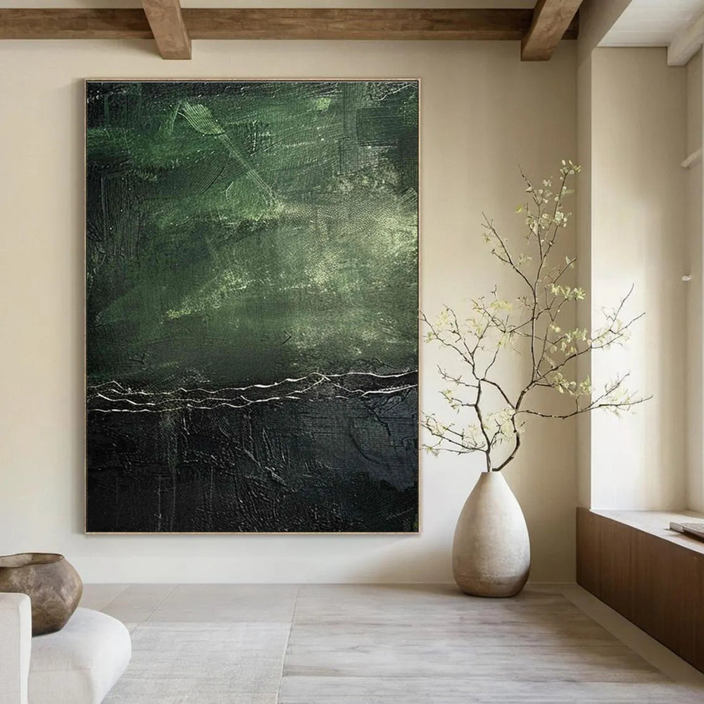 Dark Green Textured Abstract Painting with Subtle Highlights ADGE493