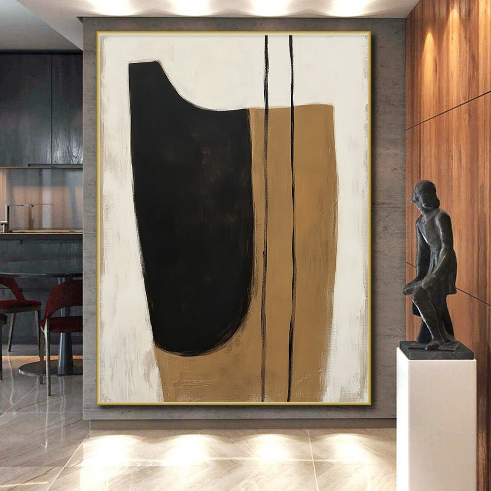 Black and Beige Minimalist Abstract Painting with Flowing Shapes GER225