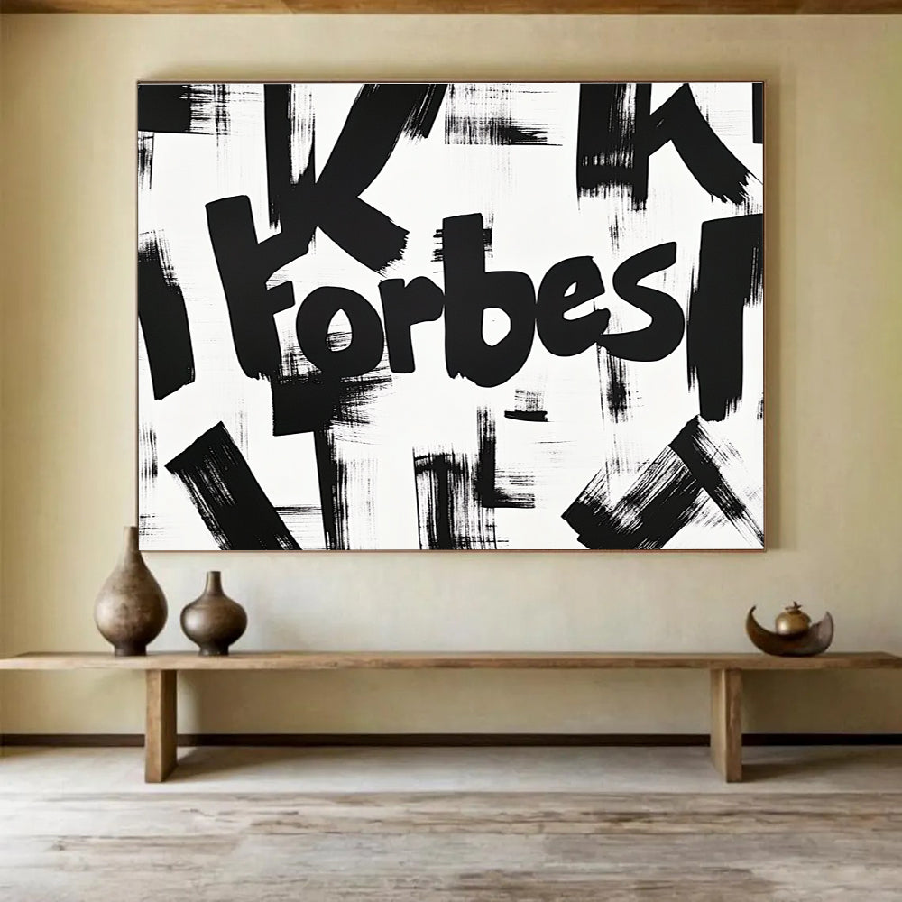 A large abstract artwork featuring the bold yet graceful lettering of K Forbes, showcasing soft curves and dynamic brush strokes in black ink on white paper.SC469