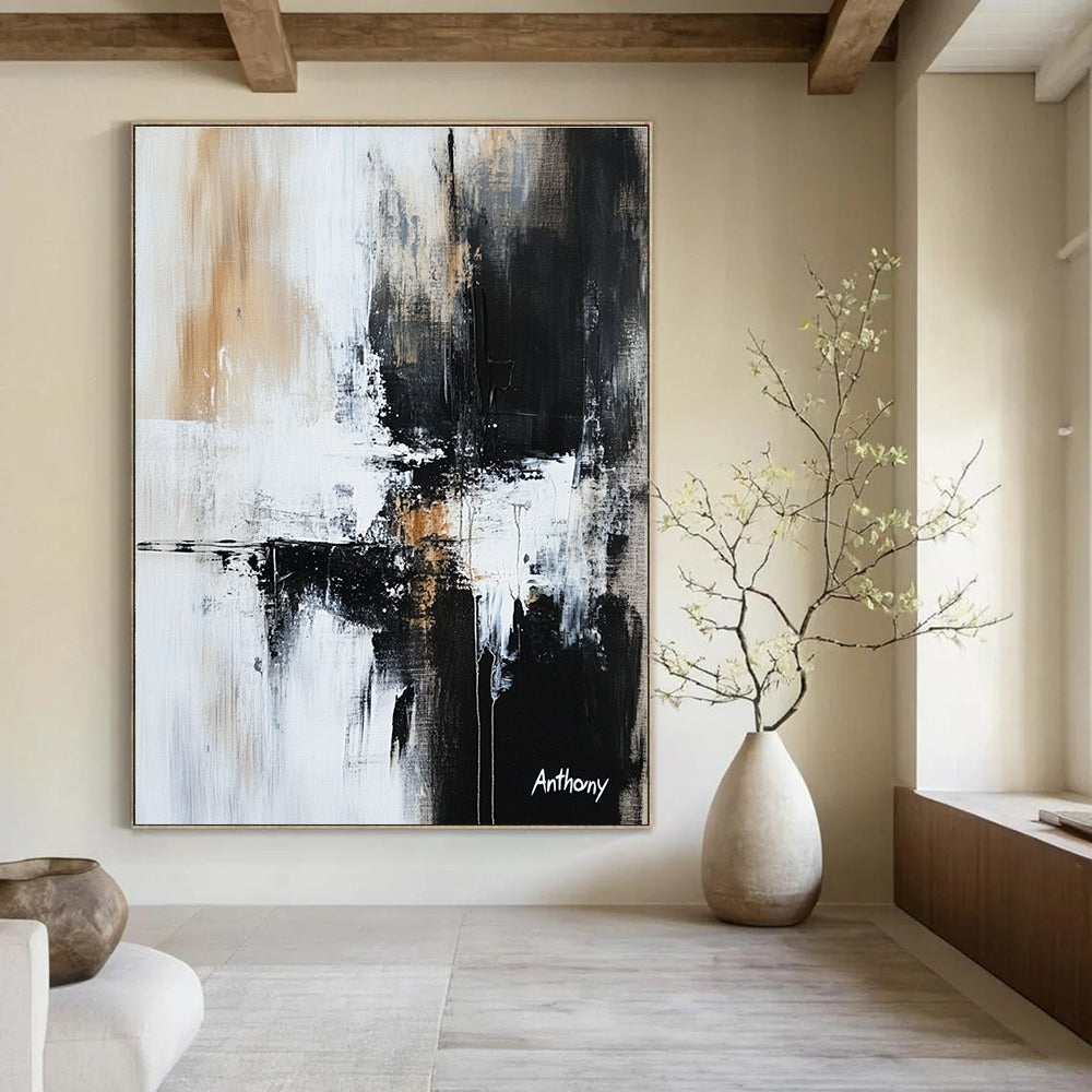 Large abstract painting in black white and gray featuring textured brush strokes and ink spots evoking contemplation and introspection.STSC741
