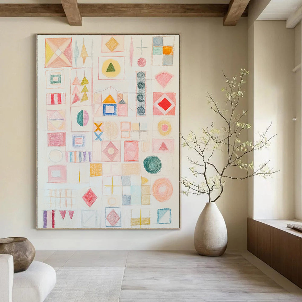 A large abstract artwork featuring soft pastel shapes and symbols in light pink with a calm atmosphere and inviting texture.STSC1206