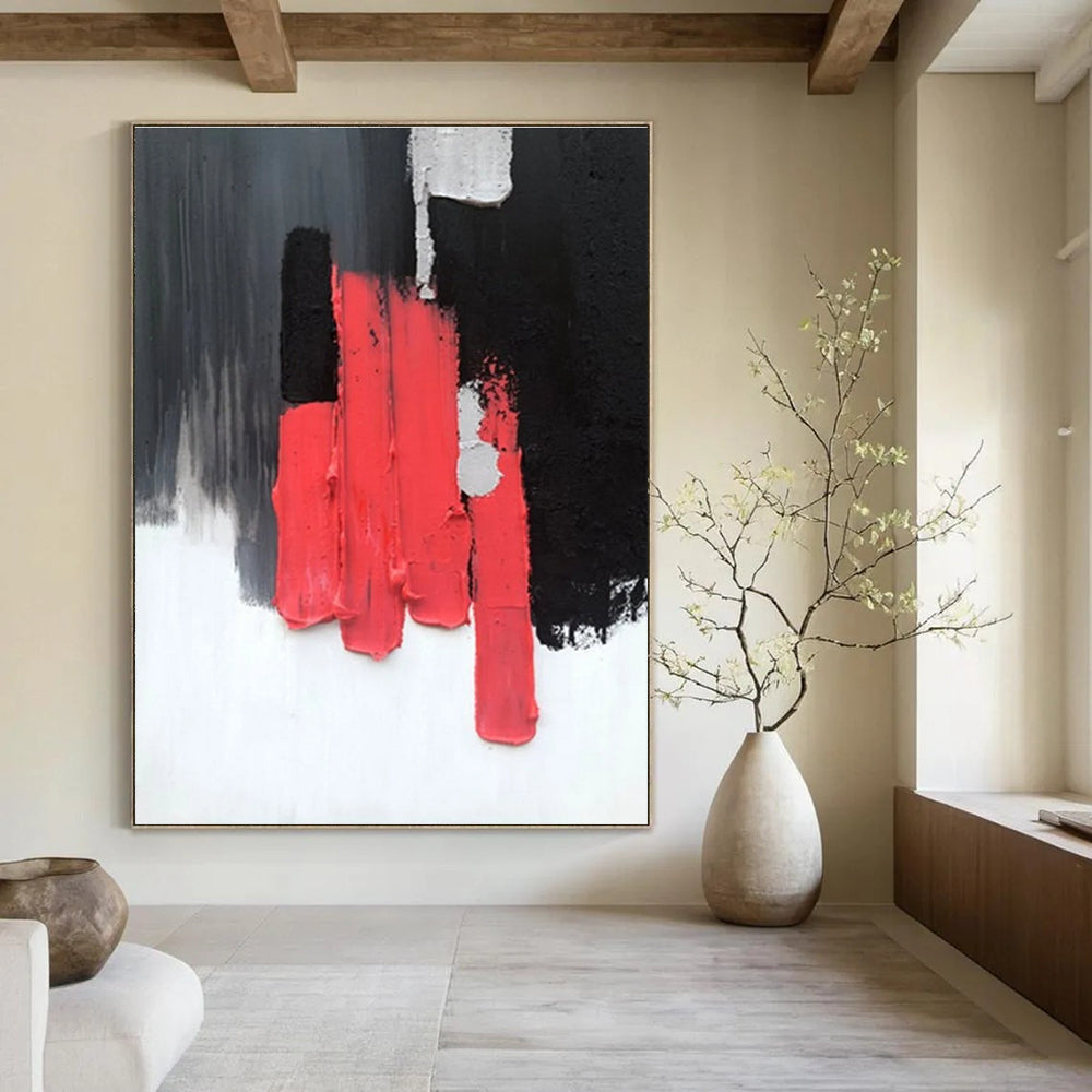 Red, Black, and Gray Textured Abstract Painting with Vertical Forms ADGE394