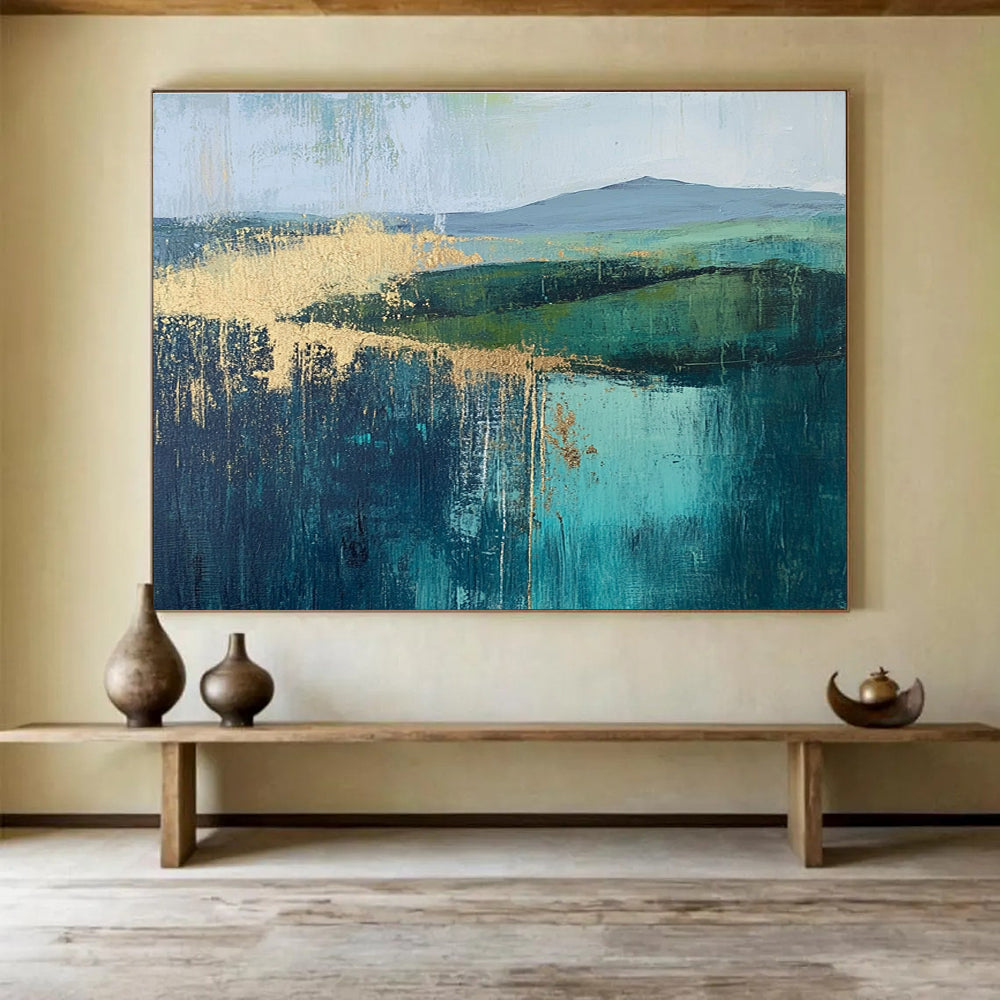 Large abstract painting featuring vibrant greens and blues with gold foil accents inspired by [Artist name].SC315
