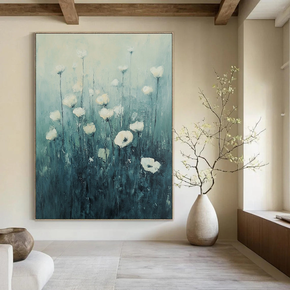 Large abstract painting of white flowers in grass with dreamy hues and impressionist brushstrokes set against a tranquil blue-green gradient contexts.STSC1150