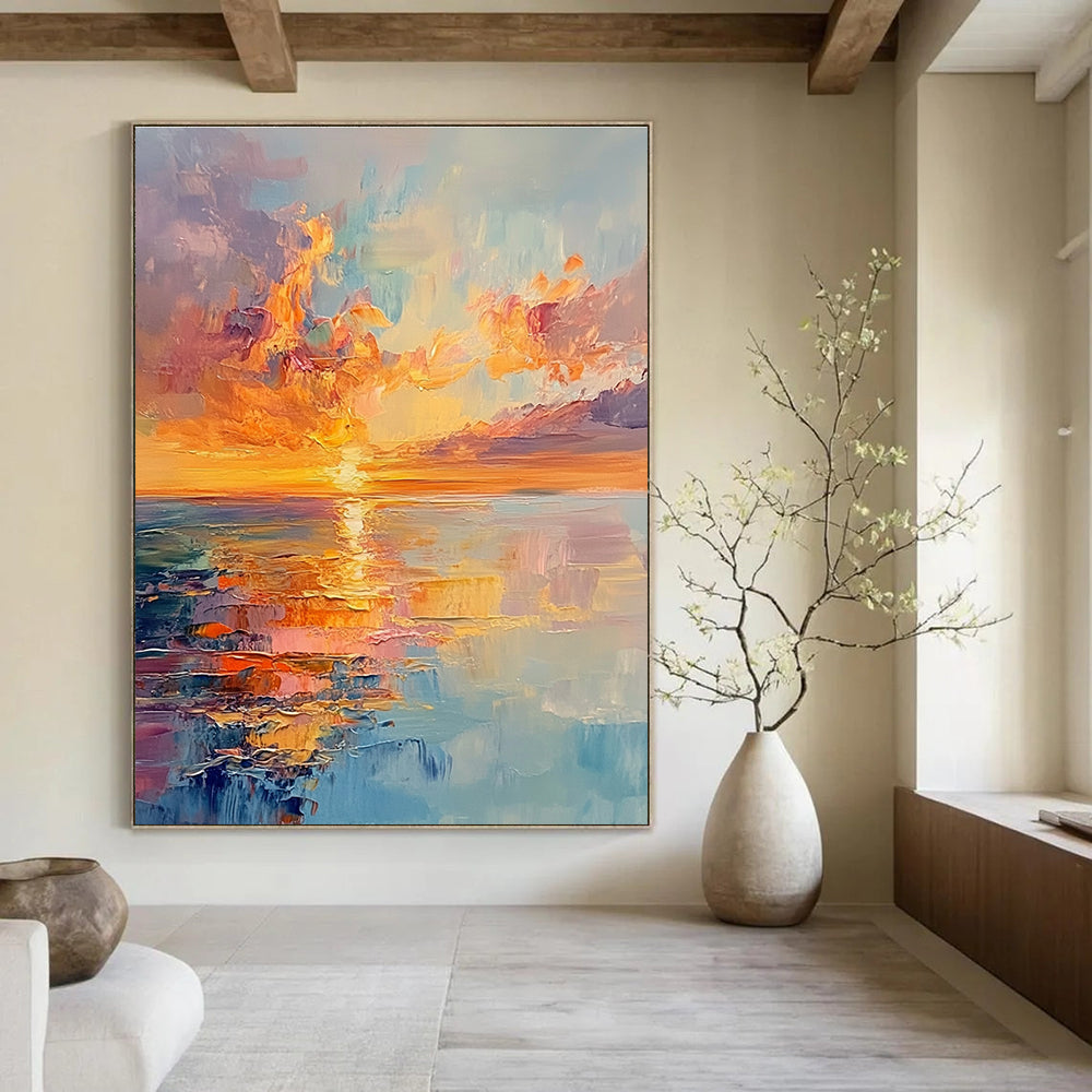 Large abstract painting capturing vibrant sunset colors with reflections on the sea and a distant horizon in an expressive style.STSC893