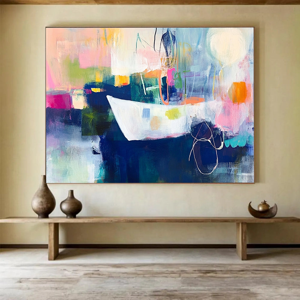 An abstract expressionist painting featuring vibrant colors and loose brushstrokes illustrating the journey of the first female sailor to England.SC306