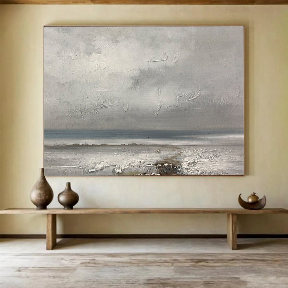 Grey Coastal Landscape Abstract Painting with Textured Layers THY267