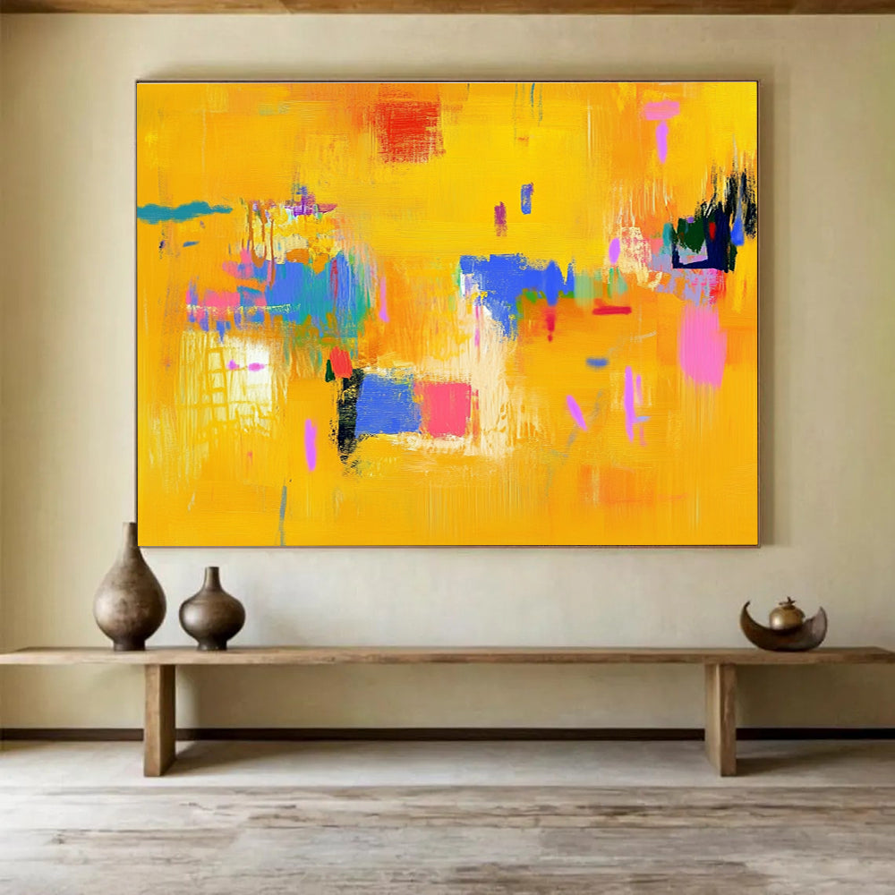 Bright Yellow Abstract Painting with Colorful Accents DYP306
